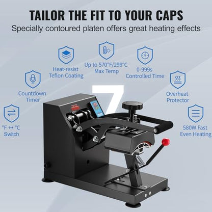VEVOR Heat Press 6x3.75Inch Curved Element Hat Press Clamshell Design Heat Press for Hats Rigid Steel Frame No Stick Digital LCD Timer and Temperature Control (6x3.75Inch Clamshell Design) - color: Black
