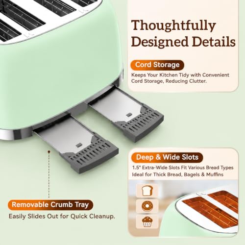 Retro 4 Slice Toaster with Touch Screen & Wide Slots, Mint Green - color: Mint Green