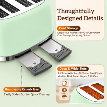 Retro 4 Slice Toaster with Touch Screen & Wide Slots, Mint Green - color: Mint Green