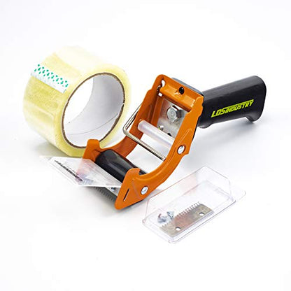 Rapid-Replace Packing Tape Dispenser Gun with Tape and Extra Blade, 2IN(50mm) Lightweight Ergonomic Industrial Handheld Tape Cutter for Carton, Packaging and Box Sealing (Orange)