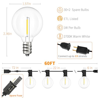 Svater Outdoor String Lights LED 60 FT G40 Patio Globe Light Waterproof - size: 60FT