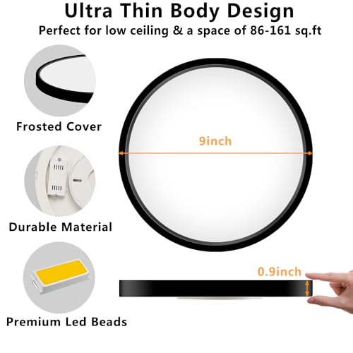 LED Flush Mount Ceiling Light Fixture, 9inch Modern Black Light, 18W 5000K, Low Profile Slim Flat Surface Lights for Bedroom Kitchen Hallway Laundry Stairwell Basement Closet - color: Black, size: 9Inch-1Pack