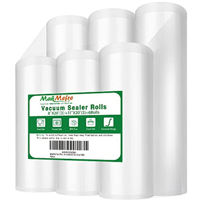 MakMeFre 6RL Vacuum Sealer Bags Rolls 8"x20'(3)+11"x20'(3) for Food Storage - size: 6 Pack= 8"x20'(3Rolls)+11"x20'(3Rolls)