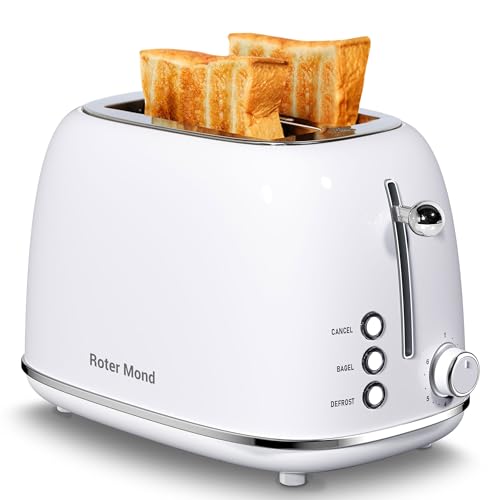 Roter Mond 2 Slice Toaster Retro Stainless Steel with Bagel, Cancel, and Defrost Functions, 6 Bread Shade Settings, Extra Wide Slots and Removable Crumb Tray, White - color: White