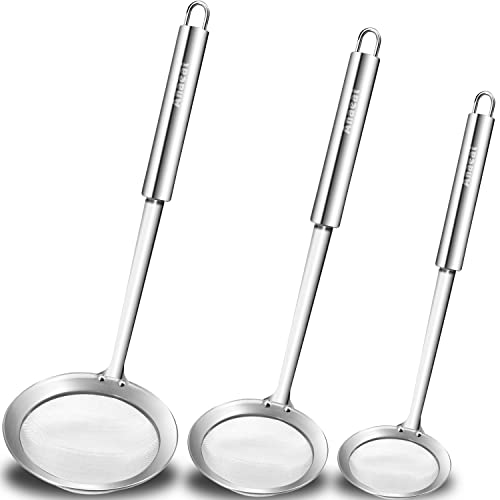 Anaeat Stainless Steel Fat Skimmer Spoon - Set of 3 Professional Kitchen Fine Mesh Food Strainer and Hot Pot Skimmer with Long Handle for Skimming, Cooking, Frying, Grease, Gravy and Foam (3"+4"+4.7") - color: Fine Mesh Skimmer Set of 3