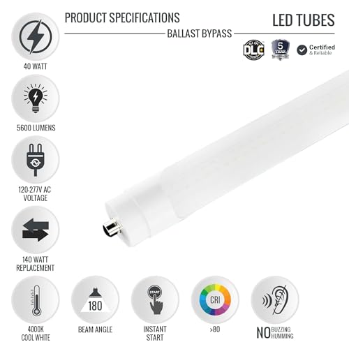 LEDMyplace 48W 8ft Ballast Bypass T8 LED Tube, Single Pin Ballast Bypass, 4000K Cool White, Frosted Lens, Replace 140W, UL & DLC Listed, LED Bulbs for Shopping Mart, Supermarts, Pack of 10