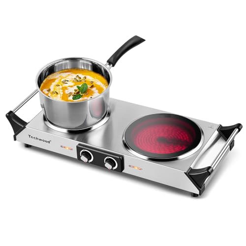 Techwood Electric Stove, Double Infrared Ceramic Hot Plate for Cooking, Two Control Cooktop Burner, Portable Anti-scald handles Suitable for Office/Home/Camp Use, 1800W Compatible for All Cookwares - color: Silver, size: Infrared Ceramic Double Burner