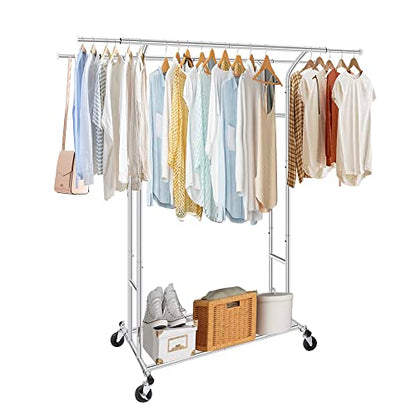 Fishat Silver 60" H Heavy Duty Double Rod Rolling Garment Clothes Rack - color: Chrome