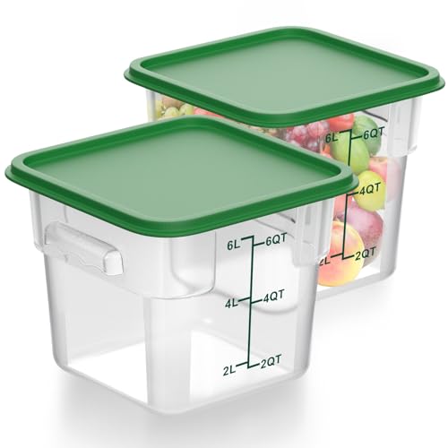 FoldTier 2 Pieces Square Food Storage Containers Polycarbonate Clear Food Container with Lid Commercial Food Storage with Graduations for Commercial Kitchen Dough Marinating Meat(Green, 6 Qt) - color: Green, size: 6 Qt