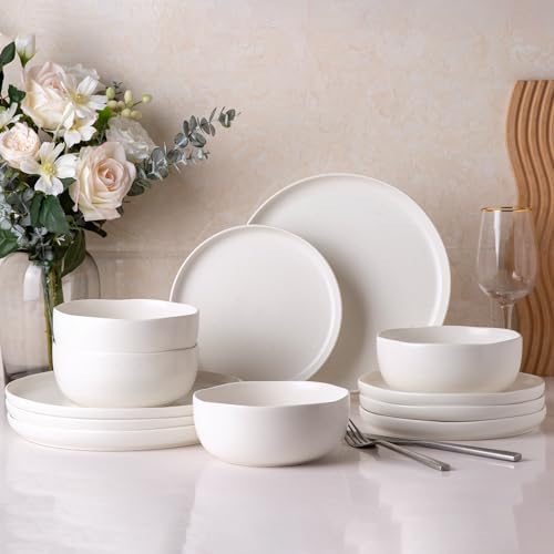AmorArc Stoneware Dinnerware Sets for 4,12Pcs Ceramic Plates and Bowls Sets - color: Matte Speckled White, size: Service for 4