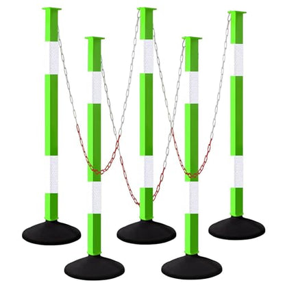 Traffic Delineator Post with Weighted Base & Reflective Collars, Adjustable Parking Cones with 4 FT Chains, Portable Orange Driveway Barrier Pole for Traffic Crowd Control（Patented） - size: 5 Pack-Green