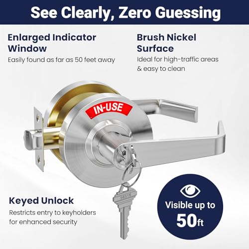 Keyed Commercial Privacy Indicator Door Lock, Heavy Duty Vacant Occupied Bathroom Handle with 90mm Large Rose (Covers Old Holes) - ANSI Grade 2 Restroom Lever for Office, Medical & Gym (Keyed Silver) - color: Keyed Silver