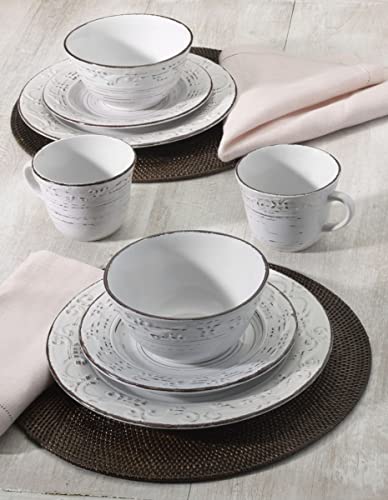 Pfaltzgraff Trellis White 16-Piece Stoneware Dinnerware Set, Service for 4, Distressed White Finish, Microwave & Dishwasher Safe Plates and Bowls - color: Distressed White