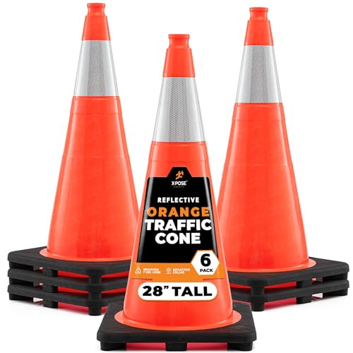 Xpose Safety 28 Inch Orange Traffic Cones with 6" Collar - 6 Pack Multipurpose PVC Plastic Safety Cone for Parking, Soccer, Caution, Kids and Construction - DOT Approved - color: Orange/Black, size: 28" 7lb. Cone