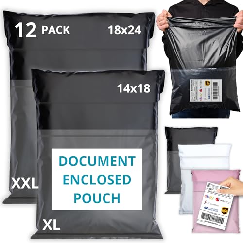 Shipping Bags (12 Pack) with Label Pouch - 14x18 & 18x24 - Poly Mailers for Clothes, Self-Seal Plastic Mailing Envelopes - Tear & Water-Resistant Packaging Bags for Clothing, Not Padded - color: Black, size: 2 Sizes 14x18 & 18x24 [WITH label pouch]
