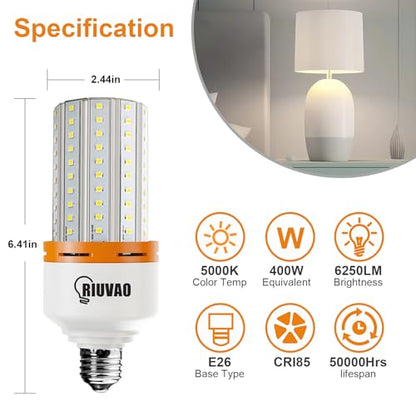RIUVAO 2 Pack 50W LED Corn Light Bulb 6250 Lumin 400W Replacement E26 Cool Daylight White Led Light Bulb for Indoor Outdoor Building Appliction, 2 Count (Pack of 1) - style: 50W 5000K