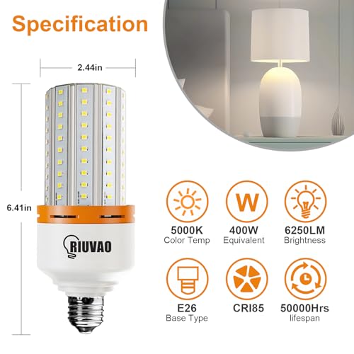 RIUVAO 2 Pack 50W LED Corn Light Bulb 6250 Lumin 400W Replacement E26 Cool Daylight White Led Light Bulb for Indoor Outdoor Building Appliction, 2 Count (Pack of 1) - style: 50W 5000K