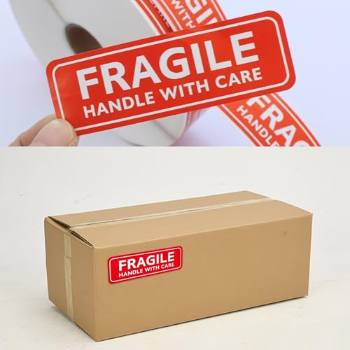 Fragile Stickers (500 Labels/Roll) — Fragile: Handle with Care Warning Labels, Suitable for Shipping, Mailing, Moving, and Various Packaging Boxes