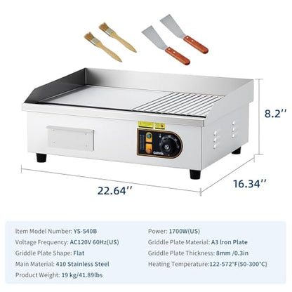 Garvee Commercial Half-Flat Top Griddle, 22in Stainless Steel Griddle Grill with 2 Shovels and 2 Brushes for Home or Restaurant, 1700W Commercial Griddle - size: 22inch Half-Flat Top
