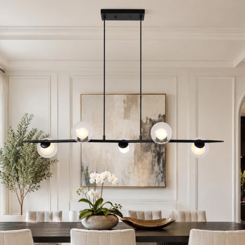 Siittoo 44.88In Modern Black Linear Chandelier with Clear Glass Globes - color: 44 in/Black/5-light(not included bulbs)