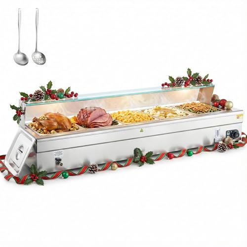 WILPREP 5-Pan Commercial Food Warmer with Sneeze Guard, Five 1/2 Pans, 1500W Countertop Electric Steam Table, 86-185°F Adjustable Temp Control, Stainless Steel Buffet Bain Marie - size: 1/2 pan*5