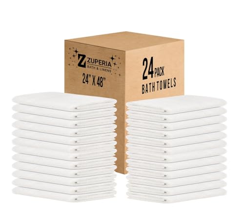 ZUPERIA White Bath Towels Bulk 24 Pack (24 x 48 Inches) - 100% Cotton Economy Light Weight Towels for Commercial Use - Quick Dry, Ultra-Soft, and Absorbent Bulk Towels - size: 24"x48" - Pack of 24