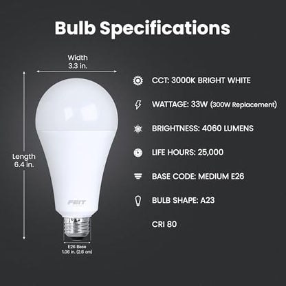 Feit Electric A23 LED Light Bulb, 300W Eq, Bright White - color: 3000k Bright White, size: 300W