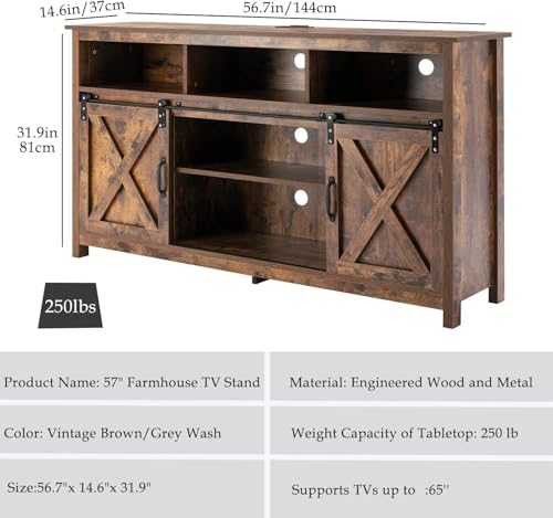 Vinctik 6&Fox 57In Wooden Farmhouse Entertainment Center for 60/65 inch TV,Double Layer Storage Farmhouse TV Stand,Double-Row Sockets with Wood Sliding Barn Door TV Stand, Double Layer Vintage Brown - color: Double Layer Vintage Brown, size: 57in