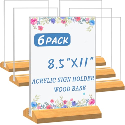 6 Pack Acrylic Sign Holder 8.5 x 11 Inch with Wood Base for Stores - color: Clear-6