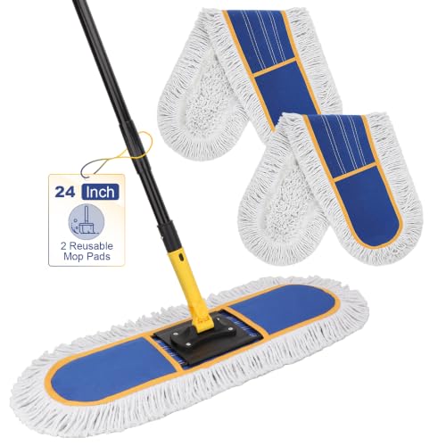 24" Commercial Dust Mop: Heavy Duty Industrial Floor Duster with 2 Cotton Reusable Mop Pads - 59 Inch Long Handle Wet Dry Flat Mops for Floor Cleaning (Blue) - color: 24 Inch-2 Blue Mop Pads
