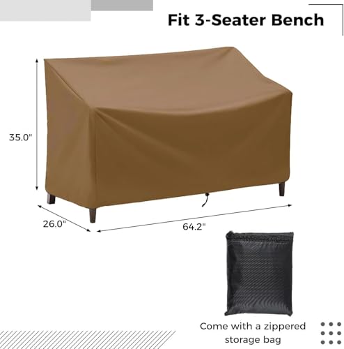Outdoor Bench Cover, 2 Seater Patio Bench Cover, Waterproof Heavy Duty Patio Furniture Protector with Air Vents, Buckle Straps and Drawcord, 53 x 26 x 35 in, Brown