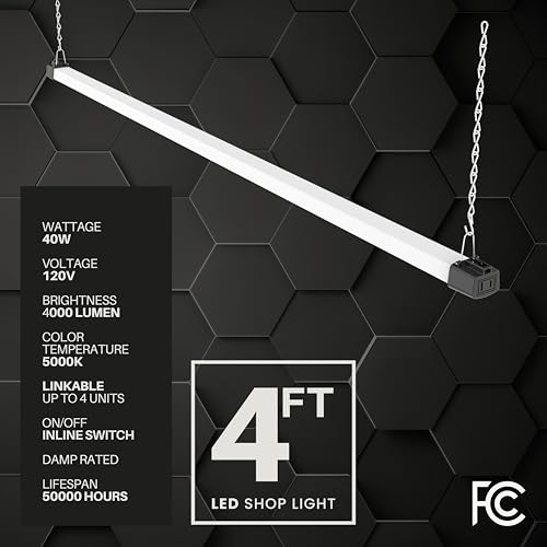Quarterback 4FT LED Shop Light 40W Strip Work Compact Slim with Inline Switch Daylight White 5000K for Garage Workshop Basement