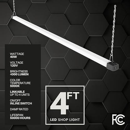 Quarterback 4FT LED Shop Light 40W Strip Work Compact Slim with Inline Switch Daylight White 5000K for Garage Workshop Basement