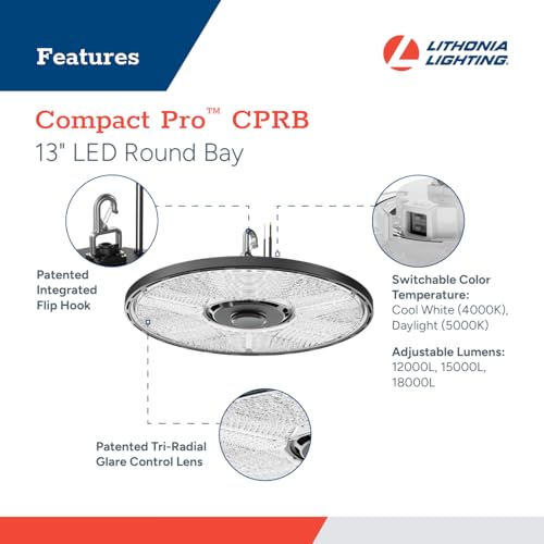 Lithonia Lighting Compact Pro Round LED High Bay Light, Ceiling Lighting Fixture, Adjustable 12000/15000/18000 Lumens, Selectable 4000K/5000K, UVOLT 120–347V, Black (CPRB ALO13 UVOLT SWW9 80CRI DBL) - size: 13-Inch | Switchable White Light, style: Adjusta