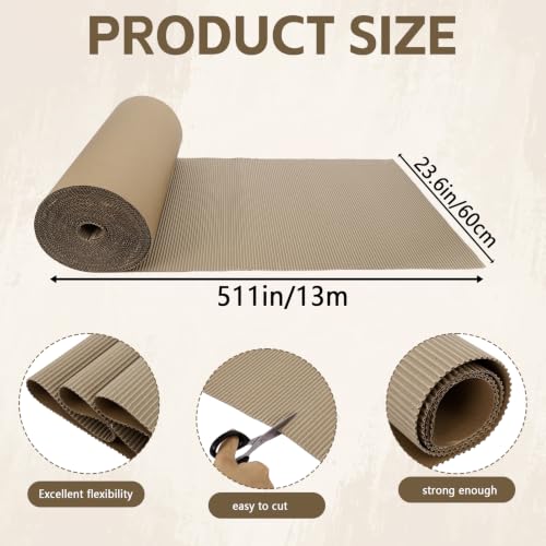 24 x 500 Inches Corrugated Cardboard Roll, 60cm x 13m Large Heavy Duty Kraft Paper Roll for Packing, Moving, Shipping, Crafts, Floor Protection, Table Cover, DIY Projects