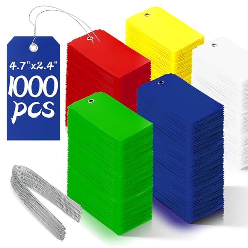 1000 Pieces Plastic Shipping Tags with Wire Labeling Tags Waterproof Hang Tags with Reinforcement Hole Writable Luggage tag Loops for Equipment Inventory Parts Garage (Colorful, 4 3/4" x 2 3/8") - color: Colorful