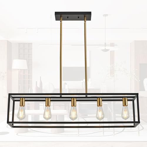 Kitchen Light Fixtures Farmhouse Rectangle Chandeliers Dining Room Light for Dining Rooms, Light Fixture Matte 5-Light Industrial Pendant Lighting - color: Black&Brass, size: 5 Lights