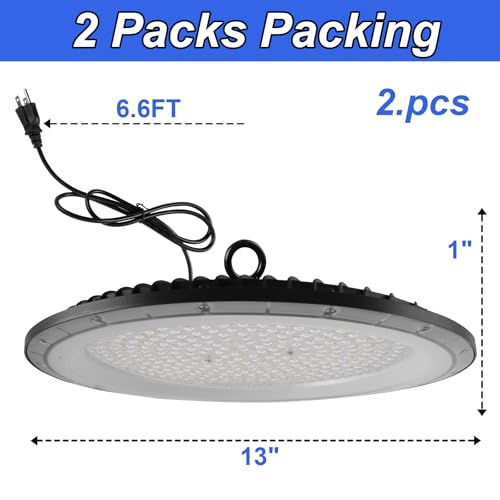 2 Pack UFO LED High Bay Light, 6500K 200W, Black, 21000 LM, IP65 Waterproof, Industrial, High Bay LED Shop Lights - size: 200W-2pack