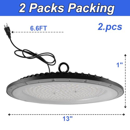2 Pack UFO LED High Bay Light, 6500K 200W, Black, 21000 LM, IP65 Waterproof, Industrial, High Bay LED Shop Lights - size: 200W-2pack