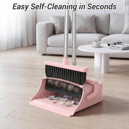 Broom with Dustpan Set for Pet Hair & Dust Cleanup, Pink - color: Pink
