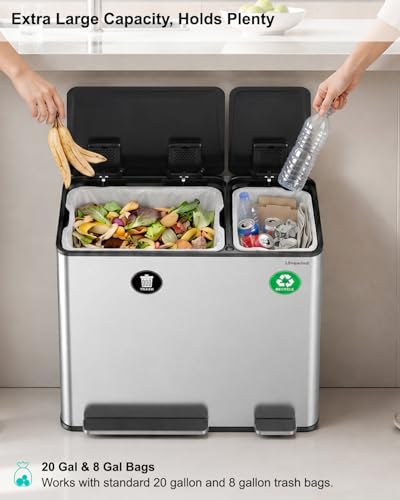 Dual Trash and Recycling Bins for Kitchen, 19+8 Gallon (72+30L) Stainless Steel Trash and Recycle Bin Combo with Soft-Close Lid, Large Garbage Cans for Kitchen Home with 2 Magnets Sticker, Silver - color: Silver