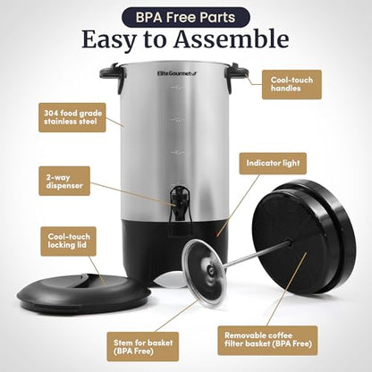 Elite Gourmet 40-Cup Coffee Brewer Urn, Two-Way Dispenser, Removable Filter - size: 40 Cup