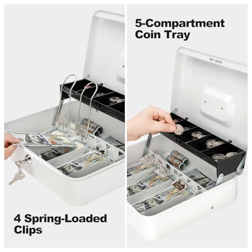 Cash Box with Key Lock & Foam Auto-Pop Coin Tray – Secure Steel Money Box with 4 Upgraded Finger-Safe Bill Clips, Premium Smooth Scratch-Resistant Coating, 11.8"L x 9.5"W x 3.5"H, KL White - color: KL White