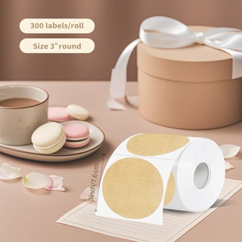 Thermal Label,3 Inch Kraft Paper Round Thermal Printer Sticker,Self-Adhesive Round Direct Thermal Labels,Thermal Stickers for DIY Logo Design,Name Tag (300 Labels/1 Roll) - color: Kraft Paper Color, size: 3 inches