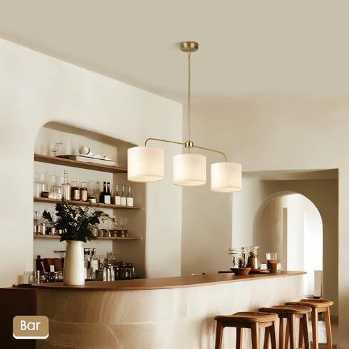 3 Light Gold Linear Chandelier with Linen Beige Drum Shades,Modern Pendant Light Fixture for Kitchen Island,Dining Room,Living Room,Mid-Century Ceiling Light Fixture,Adjustable Height Island Light - color: 3 Light-Gold