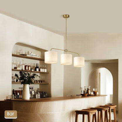 3 Light Gold Linear Chandelier with Linen Beige Drum Shades,Modern Pendant Light Fixture for Kitchen Island,Dining Room,Living Room,Mid-Century Ceiling Light Fixture,Adjustable Height Island Light - color: 3 Light-Gold