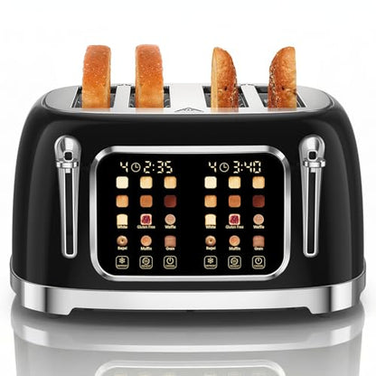 RONGBEST Retro Toaster 4 Slice with Stainless Steel Wide Slot Touch Screen for Family Breakfast, 6 Browning Levels for Bagel & Bread, Reheat & Defrost, Removable Crumb Tray, Jet Black - color: Jet Black