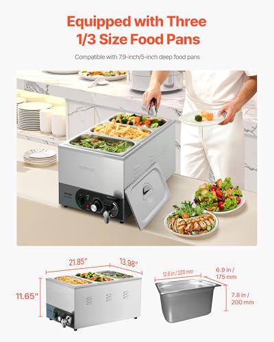 VEVOR Commercial Food Warmer, 1200W Electric Stainless Steel Steam Food Warmer, Fast Heating Countertop Buffet Bain Marie with Detachable Power Cord, for Catering, Restaurants, Parties & Buffets - size: 3*1/3Pan;20CM Depth