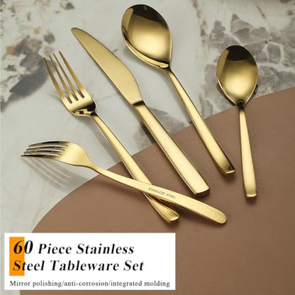 Berglander Gold Silverware Set 60pcs Service for 12, Golden Titanium Plating Stainless Steel Flatware Set, Gold Spoons Forks Knives Set for Home, Wedding, Restaurant, Hotel, Dishwasher Safe - color: a. 60 Pcs A