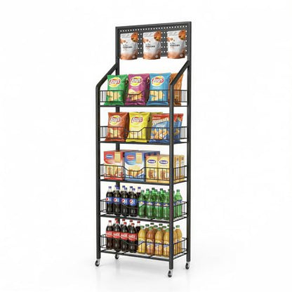 5 Tier Retail Display Racks, Freestanding Snack Rack Display Stand with 15 Hooks & 4 Wheels, Metal Snack Shelf Organizer for Supermarket Retail Store Commercial Kitchen Office, Black - size: 5Tier/10.63"D X 23.62"W X 64.96"H
